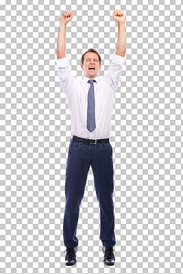 Buy stock photo Celebration, cheering and business man isolated on transparent png background for profit. Success, winner and victory of happy male worker, fist or celebrate bonus goals, winning deal or achievement