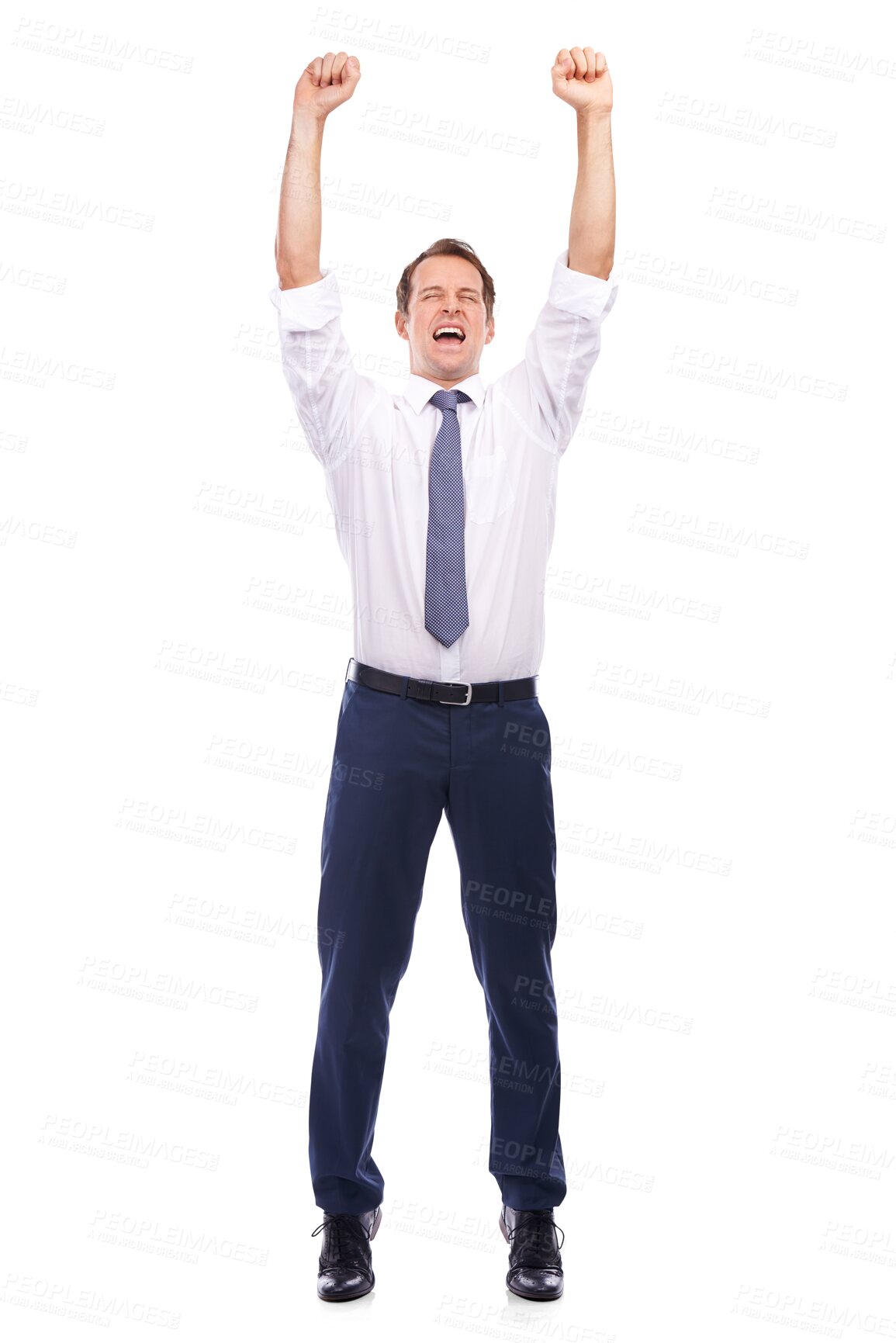 Buy stock photo Celebration, cheering and business man isolated on transparent png background for profit. Success, winner and victory of happy male worker, fist or celebrate bonus goals, winning deal or achievement