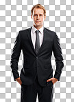 A successful CEO or entrepreneur exudes confidence while dressed in a formal suit, standing alone against a transparent background isolated on a png background.