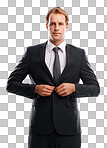 Standing confidently in fashionable attire, a stylish corporate professional adjusts the button on a luxury suit isolated on a png background.