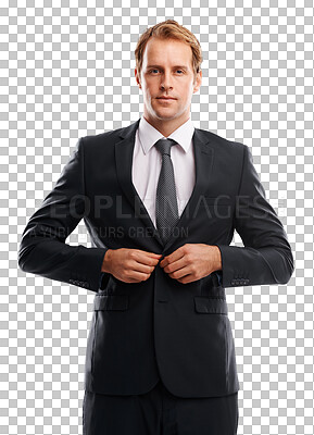 Buy stock photo Serious man, portrait and button suit for business, corporate fashion and management. Male employee, professional jacket and confidence of worker or businessman isolated on transparent png background