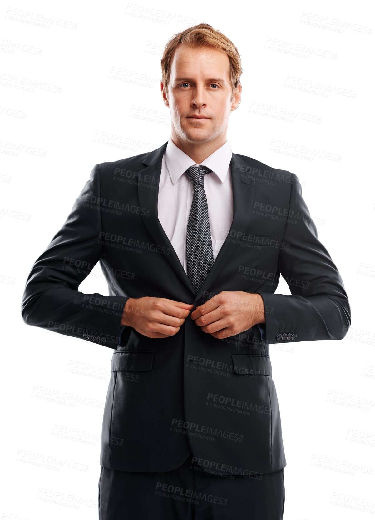 Buy stock photo Serious man, portrait and button suit for business, corporate fashion and management. Male employee, professional jacket and confidence of worker or businessman isolated on transparent png background