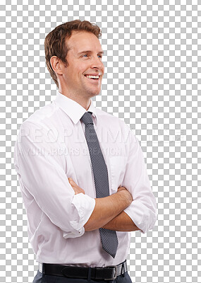 Buy stock photo Happy business man, arms crossed and thinking of future isolated on a transparent png background. Male worker daydream of visionary ideas, mindset solution and corporate planning of hope inspiration