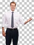 A suave businessman stands with confidence and points towards a product, showcasing his recommendation or suggestion for advertising and marketing isolated on a PNG background.