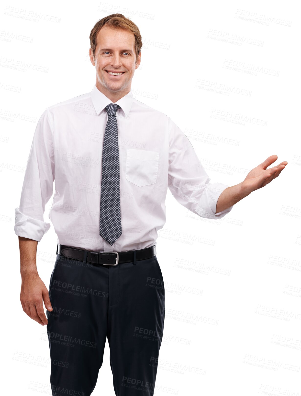 Buy stock photo Business man, portrait and showing with smile, hands and presentation of brand offer. Happy corporate male worker, salesman and promotion of company launch isolated on a transparent png background