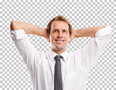 Buy stock photo Business, happy man and hands behind head for thinking of ideas, goals or planning future. Male worker stretching to daydream of complete vision, inspiration or isolated on transparent png background