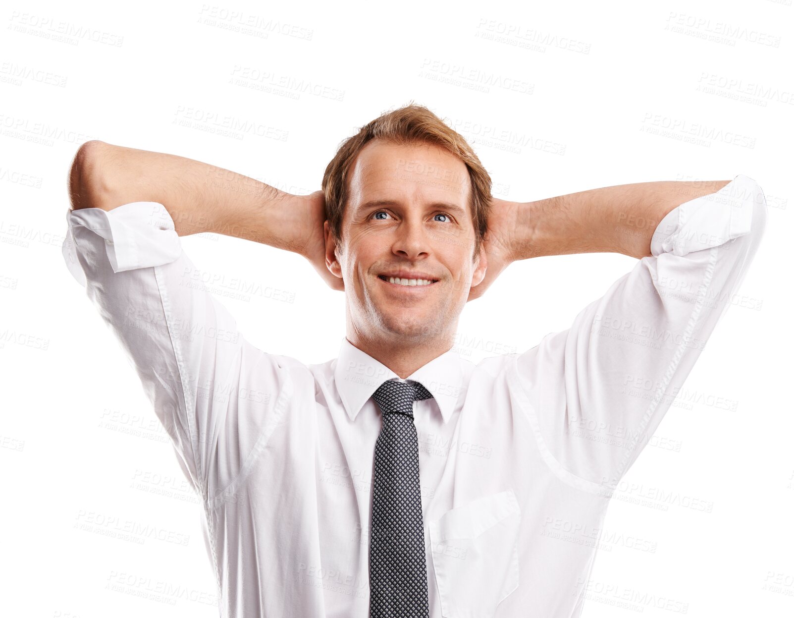 Buy stock photo Business, happy man and hands behind head for thinking of ideas, goals or planning future. Male worker stretching to daydream of complete vision, inspiration or isolated on transparent png background