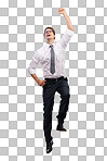 A jubilant businessman or entrepreneur jumping for joy or dancing in celebration of their company's target achievement, displaying overwhelming happiness isolated on a PNG background.