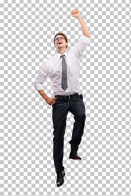 Buy stock photo Business, happy man and jumping in the air for celebration, cheering and isolated on transparent png background. Success, freedom and excited male worker jump for energy, winning achievement and fist