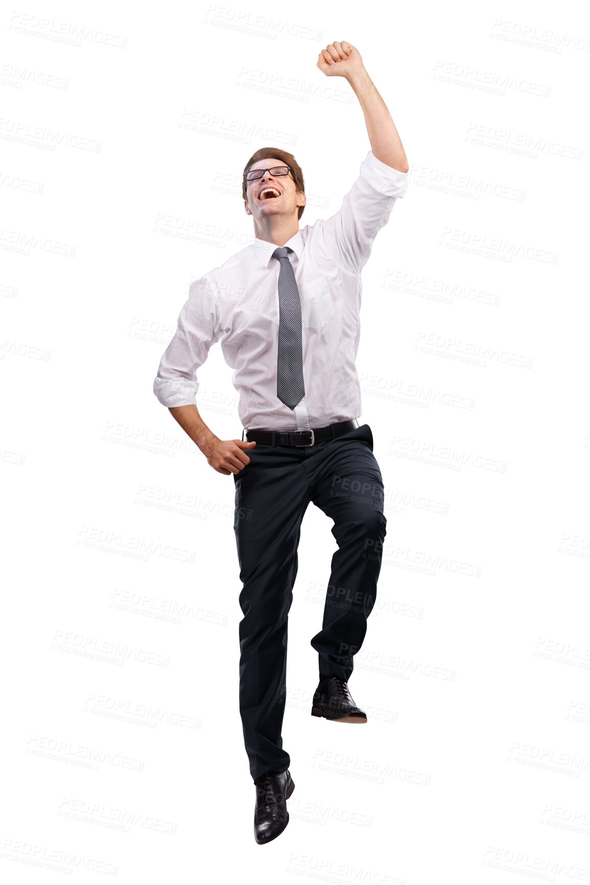 Buy stock photo Business, happy man and jumping in the air for celebration, cheering and isolated on transparent png background. Success, freedom and excited male worker jump for energy, winning achievement and fist