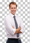 A lead manager or a happy businessman stands confidently with arms crossed, projecting an optimistic career mindset and a cheerful smile isolated on a PNG background.