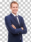 With a clear mindset and a vision for future growth, a well-dressed corporate employee stands confidently with their arms crossed isolated on a png background.