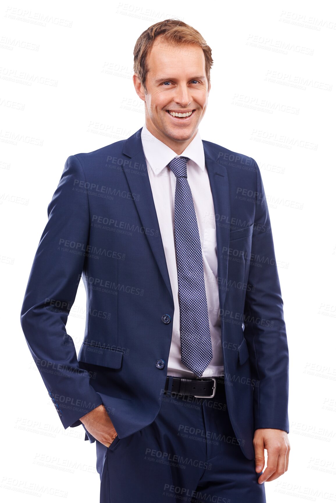 Buy stock photo Happy business man, portrait and isolated on transparent png background in suit for about us. Male employee, professional and corporate worker with confidence for career, smile and pride of salesman