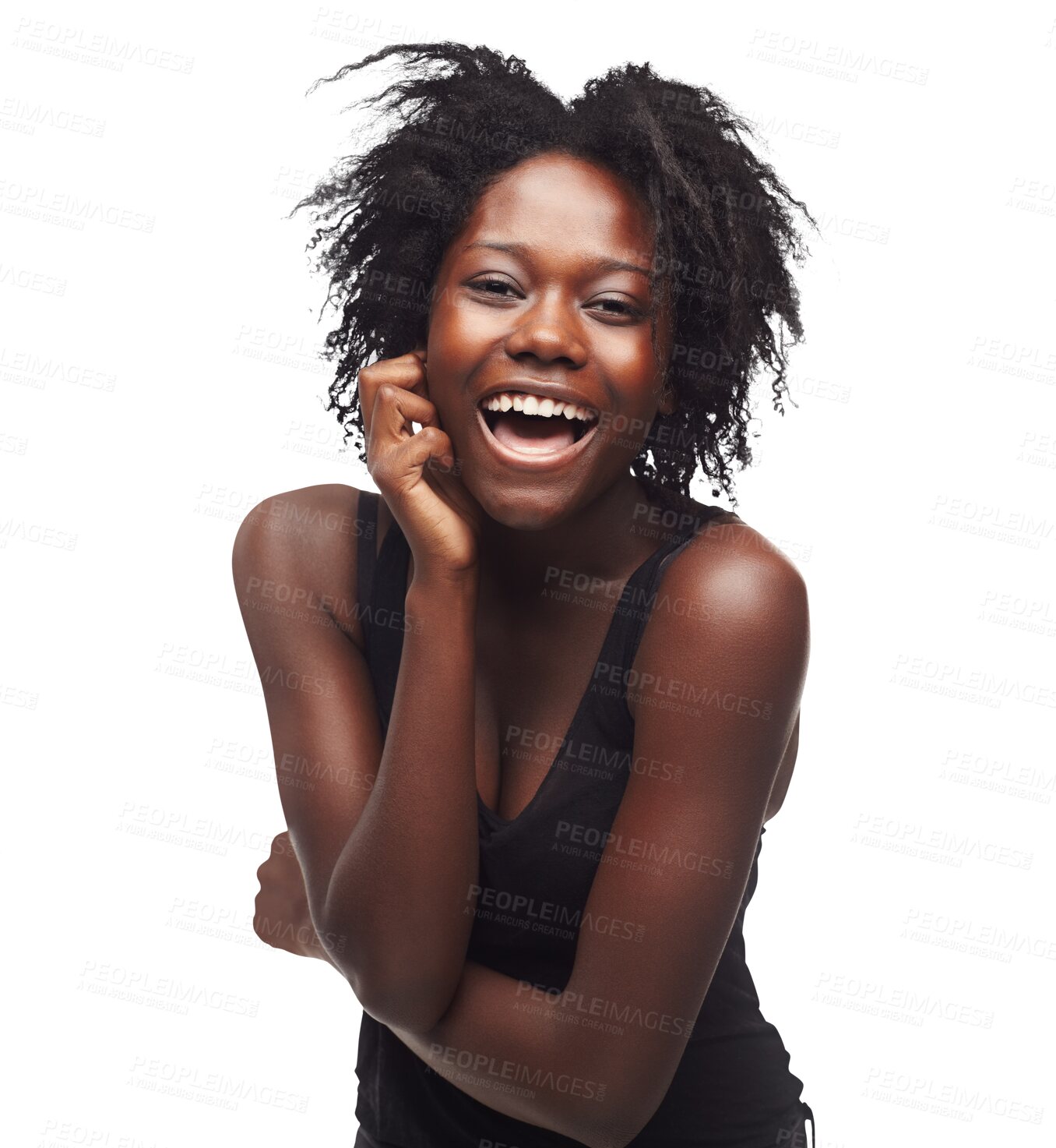 Buy stock photo Laughing, happy and beauty with portrait of black woman on png for fashion, confidence and trendy style. Smile, happiness and pride with female isolated on transparent background for natural makeup