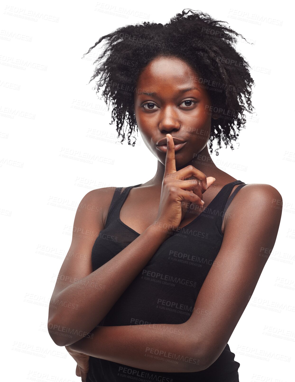 Buy stock photo Beauty secret, face portrait and black woman with emoji finger gesture for privacy, mystery and confidential gossip. Silence whisper, hush and female model isolated on a transparent, png background.