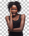 The black female beauty model seems surprised and awe while posing conveyâs a mix of both happiness and a sense of urgency isolated on a png background.