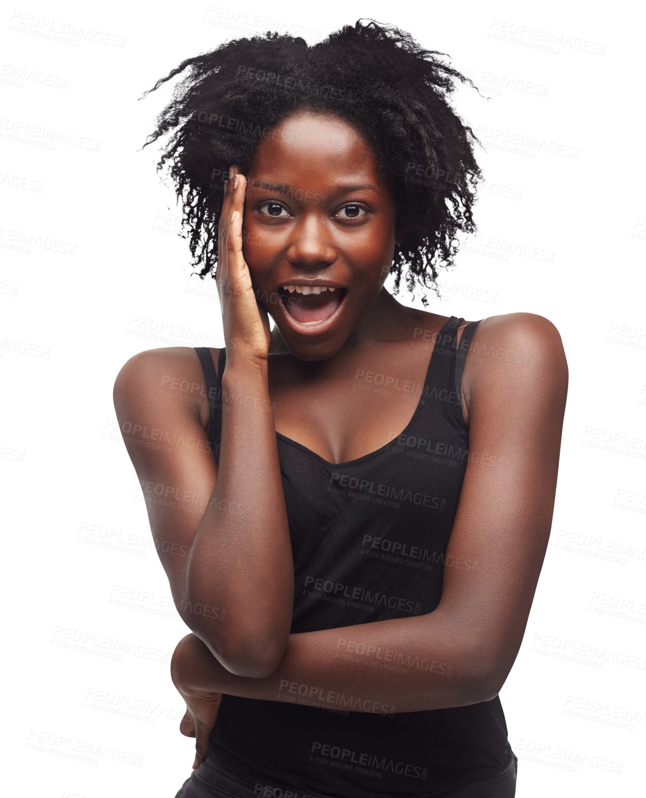 Buy stock photo OMG surprise, wow portrait and black woman shocked over winning victory, competition giveaway prize or good news. Winner, achievement and African person isolated on a transparent, png background
