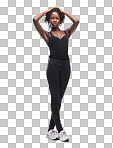 The African black woman strikes a confident and natural pose in her casual outfit, showcased beautifully against an isolated PNG background.