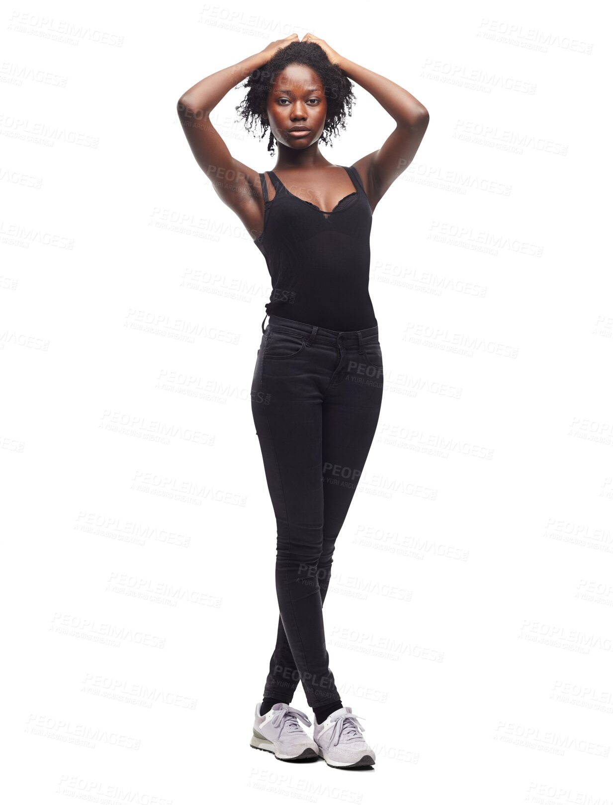 Buy stock photo Fashion portrait, natural and black woman confidence in designer outfit apparel, trendy style or chic fabric clothes. Real beauty, casual or stylish person isolated on transparent png background