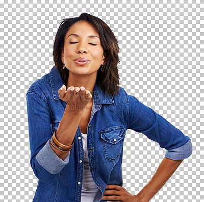 Buy stock photo Black woman, face and blowing kiss for love, care or support feeling flirty. Happy, female model or hand kisses with a playful and emoji expression isolated on a transparent, png background
