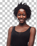 A woman of black ethnicity, exhibiting a contented smile and radiating a sense of peaceful empowerment isolated on a png background.