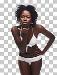 The black African fitness model confidently blows kisses while wearing a bikini or swimwear isolated on a png background.