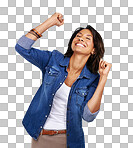 Excited, winner and success celebration of woman. Face smile, winning and happy female model celebrating victory, triumph or goal achievement, good news or lottery isolated on a png background