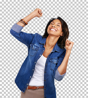 Buy stock photo Excited, winner and success celebration of woman on isolated, png and transparent background. Smile, winning and happy face of female model celebrate victory for achievement, good news and lottery