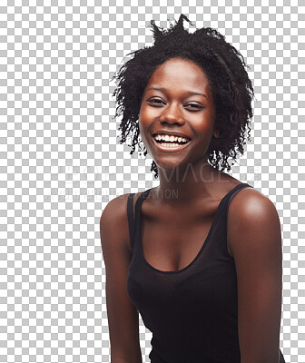 Buy stock photo Beauty, cosmetics and black woman portrait laughing with happiness and natural hair care. Happy, smile and face of a African female model with youth isolated on a transparent, png background
