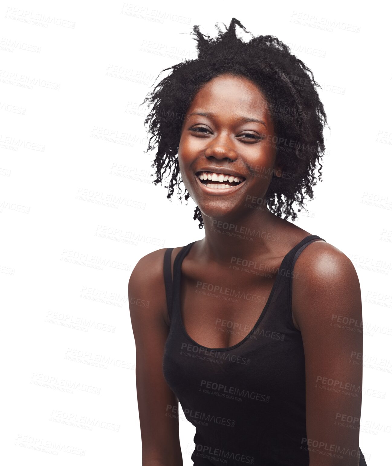 Buy stock photo Beauty, cosmetics and black woman portrait laughing with happiness and natural hair care. Happy, smile and face of a African female model with youth isolated on a transparent, png background
