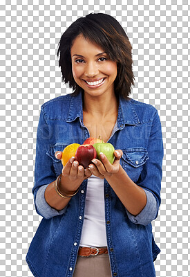 Buy stock photo Girl, hands and many fruits in portrait with smile, happiness and excited for nutrition by transparent png background. Woman, model and isolated with healthy fruit, diet or choice for vegan lifestyle