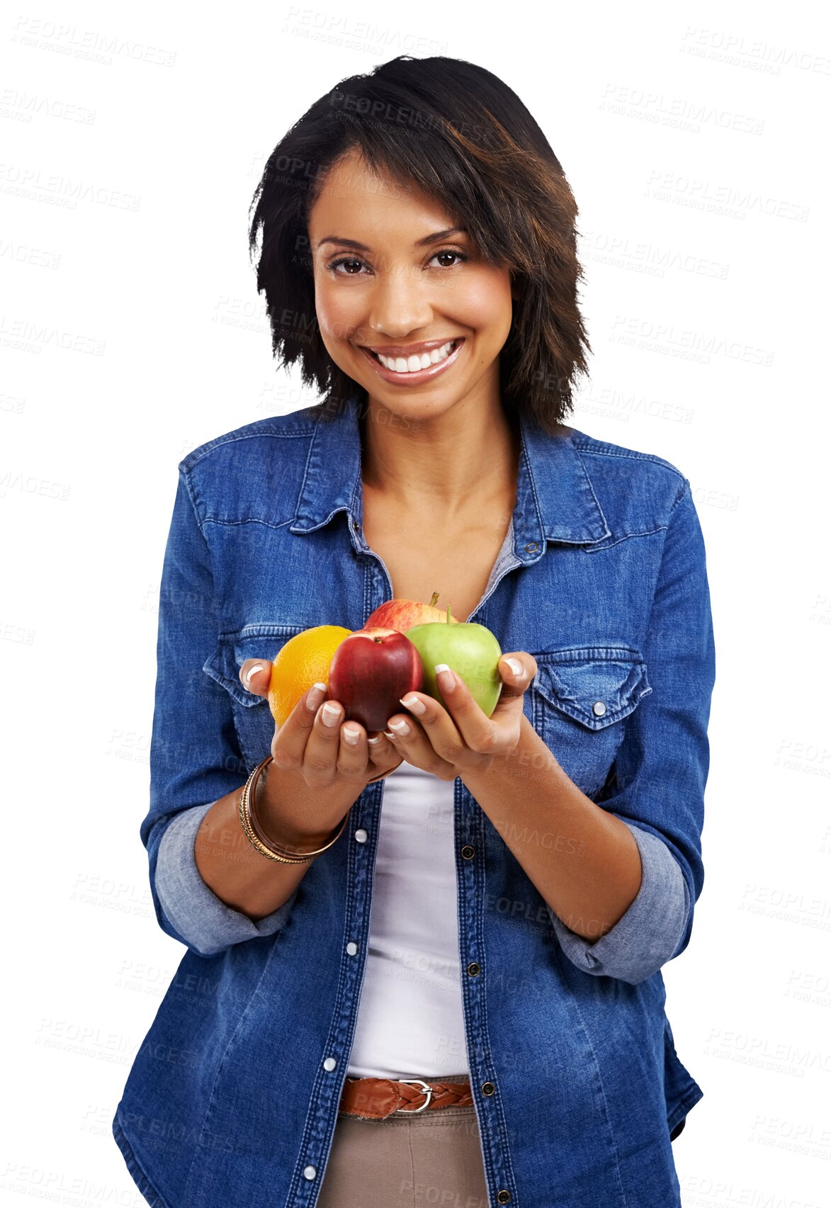 Buy stock photo Girl, hands and many fruits in portrait with smile, happiness and excited for nutrition by transparent png background. Woman, model and isolated with healthy fruit, diet or choice for vegan lifestyle
