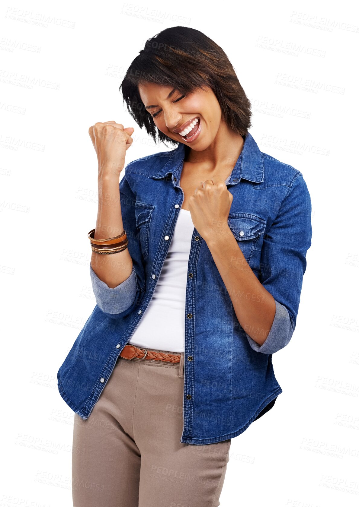 Buy stock photo Happy woman, success and winning fist sign in celebration on isolated, transparent and png background. Good news, new job and female celebrating promotion, goal or achievement with emoji hands