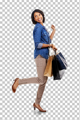 Buy stock photo Fashion, shopping bag or excited woman with retail and market bags with a smile. Happiness, store sale and happy female customer with discount deal isolated on a transparent, png background
