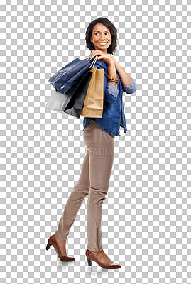 Buy stock photo Fashion, shopping bag or woman with clothes from retail and market shop with a smile. Happiness, store sale and happy female customer with discount deal isolated on a transparent, png background
