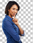 A Black woman, portrait or lips silence finger on in secret, gossip emoji or news. Happy smile, model and quiet hand gesture for strategy planning, ideas or whisper discipline isolated on a png background