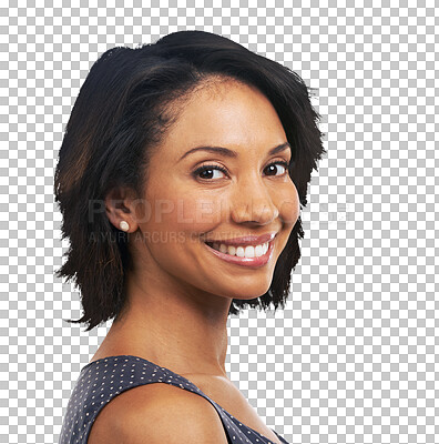 Buy stock photo Happiness, natural beauty and portrait of woman and young model with a smile. Relax, happy and female person face with confidence and skin glow isolated on a transparent, png background
