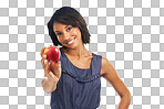 A Portrait, mockup or black woman eating an apple or fruits with marketing space. Smile, organic or happy African girl advertising healthy diet for self care or wellness isolated on a png background