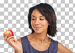 Health, thinking or black woman eating an apple with marketing mockup space. Choice, decisions or thoughtful African girl advertising a healthy natural diet for wellness isolated on a png background