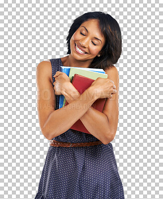 Buy stock photo Education books, hug and happy woman, student or university learner with smile for college learning study. Back to school, love and studying female person isolated on a transparent, png background