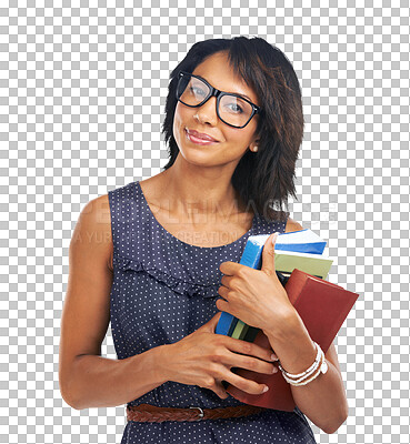 Buy stock photo Woman, teacher and stack books in portrait with smile, glasses or confident by transparent png background. Female education expert, happy and isolated professor for studying, knowledge or information