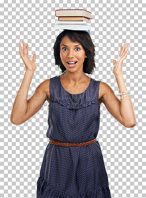 Buy stock photo Books, head balance or surprised woman, portrait student or university education shock for college learning study. Back to school, wow or studying female model isolated on transparent, png background