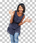 A Portrait, wow and black woman in studio for winner, announcement and good news. Surprise, fun and girl model with omg news, excited and shocked while standing isolated with mockup isolated on a png background