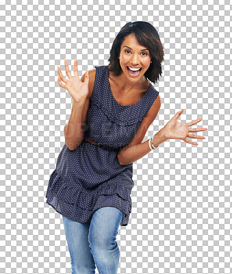 Buy stock photo Surprise, wow and portrait of woman on png for happy, announcement and good news. Shocked, excited and smile with female isolated on transparent background for celebration, achievement and motivation