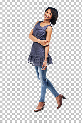 Buy stock photo Isolated woman, smile and portrait with fashion, trendy and young with happiness by transparent png background. Girl, model and happy for youth, beauty and clothes with excited for student lifestyle