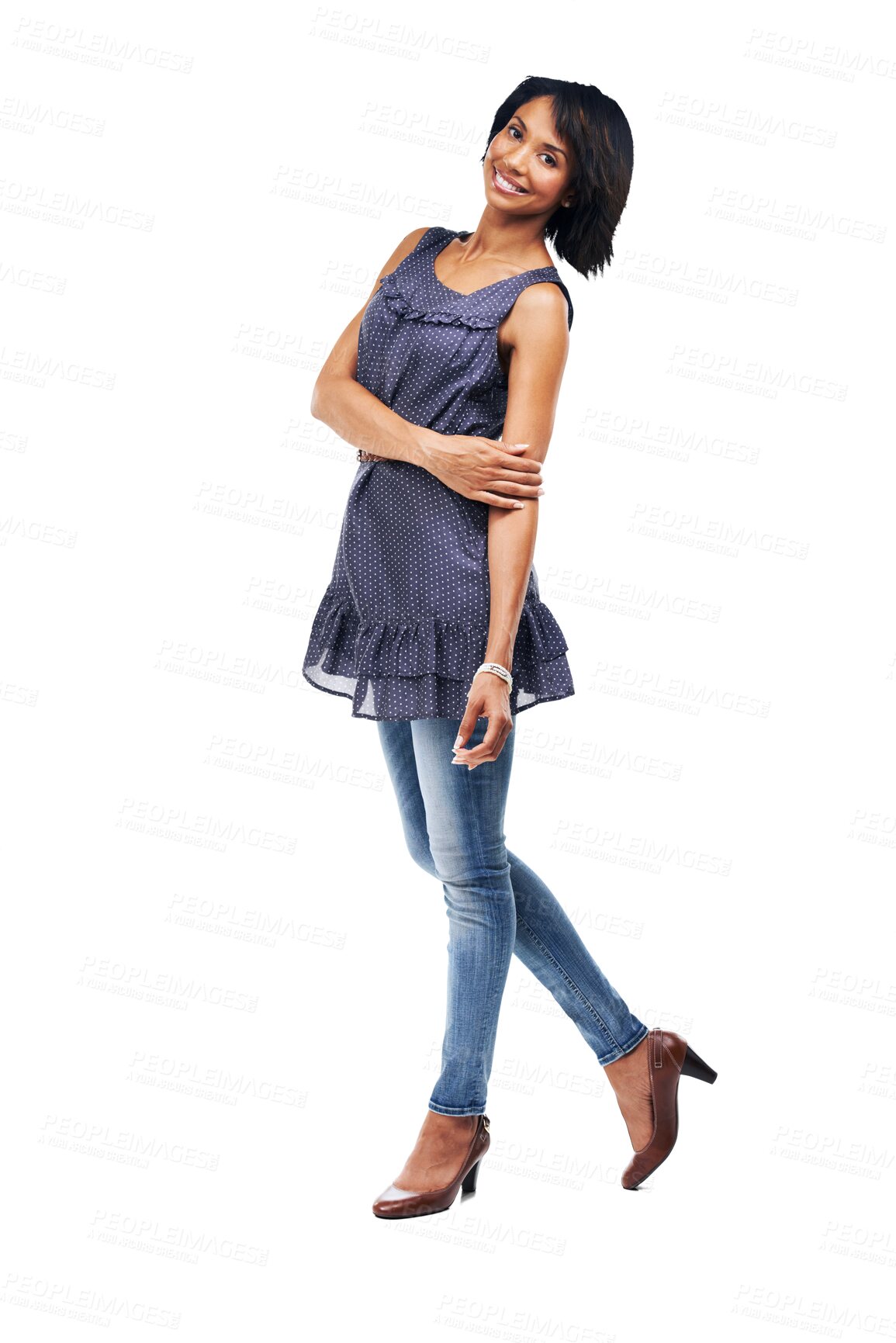 Buy stock photo Isolated woman, smile and portrait with fashion, trendy and young with happiness by transparent png background. Girl, model and happy for youth, beauty and clothes with excited for student lifestyle