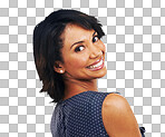 A Woman, smile and portrait of a model with happiness and natural beauty. Isolated, black woman and smiling person looking over shoulder feeling happy  mock up alone isolated on a png background
