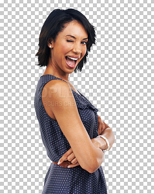 Buy stock photo Portrait, wink and business woman with arms crossed on isolated, transparent and png background. Flirting, face and happy female corporate emplyee with fun emoji, sign and gesture while posing proud