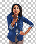 A Portrait, love and blowing a kiss with a black woman for romance or affection. Face, kissing and flirting with an attractive young female model standing hand on hip isolated on a png background