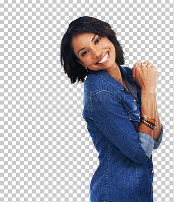 Portrait, excited and mockup with a model black woman looking cute or adorable. Face, fashion and denim with an attractive young female posing to promote mock up space isolated on a png background